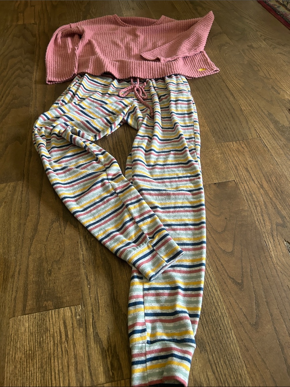 Women's Pink Waffle Knit Top and Multi-Stripe Pajama Set